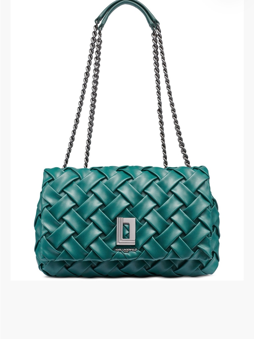 Karl Lagerfeld Emerald Green Woven Shoulder Bag with Chain Strap